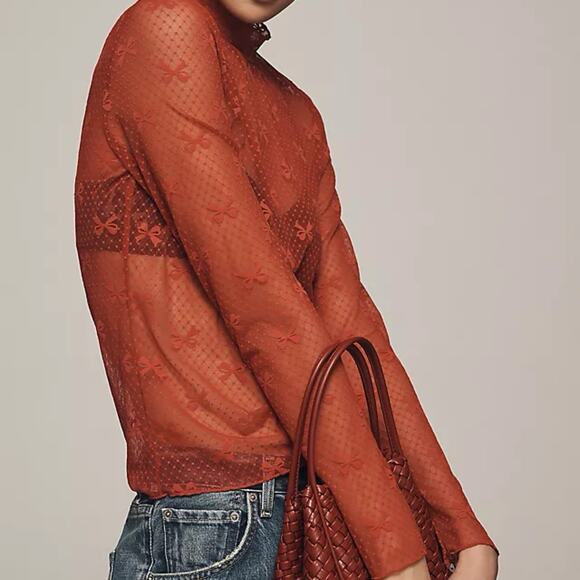 Anthropologie Maeve Large Bow Lace Mesh Long Sleeve Sheer Blouse Top - Picture 2 of 7